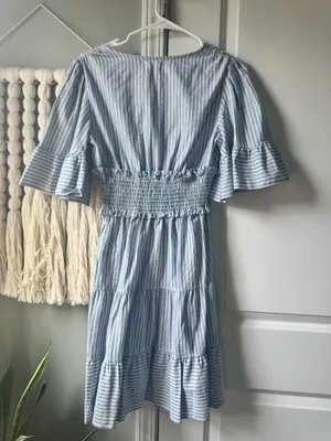 NWT MAX STUDIO XS Mini dress blue white stripe cinched waist flutter sleeves thumbnail 4