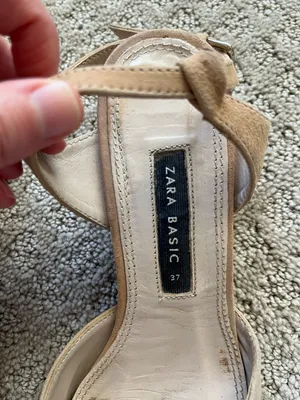 Zara Leather Slingback Block Heel Pump Strappy Beige Black Designer Size 6.5 thumbnail 6