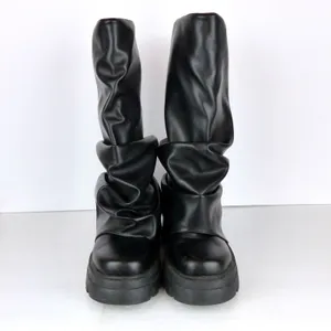 Azalea Wang Mate Boots Womens 11 Black Ruched Mid Calf Lug Sole Moto Y2K Gothic thumbnail 8
