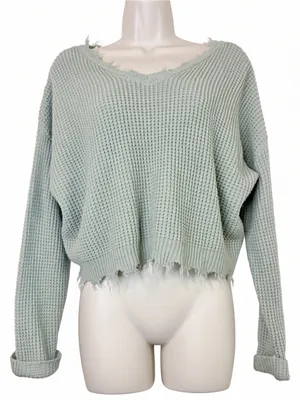 Moon & Madison Waffle Knit Crop Sweater Sage Green Distressed Hem Size M thumbnail 1