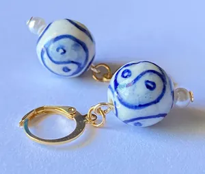 Handmade unisex Kawaii elegant boho unique porcelain Yin yang dangle earrings💚💙 reminds me of a wind chime🎐✨ thumbnail 1