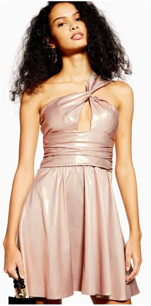 NWT TOPSHOP One Shoulder Cocktail Metallic Foil Mini Dress Gold Pink Size 2 thumbnail 1