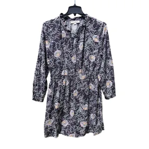 LOFT NWOT Black Purple Floral Ruffle Neck Long Sleeve Elastic Waist Dress‎ Large thumbnail 2