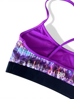 Alo Yoga racerback Spark sports bra featuring a purple abstract print thumbnail 12