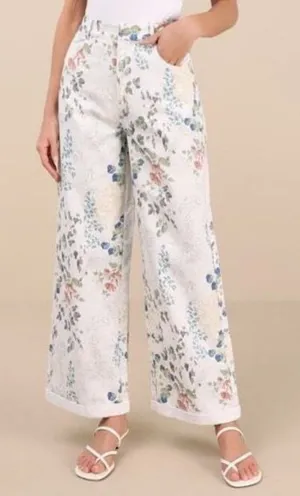 Lulus NWT Garden Cutie Ivory Floral Cotton‎ Twill High Rise Wide Leg Pants XS thumbnail 1