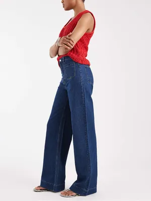 NWT ASOS Tall High Waist Wide Leg Jeans Front Patch Pockets Dark Wash Sz 32 🧡🍄 thumbnail 3
