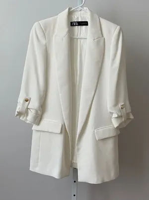 ZARA Office Siren Academia Clean Ruched Sleeve Shawl Lapel Blazer XS White thumbnail 1