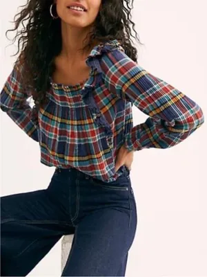 Free People Siena Plaid Pullover Shirt Ruffle Navy Blue Red Size XS Peasant thumbnail 1