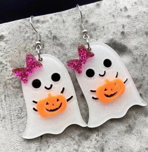 Boutique Halloween Ghost Earrings with Sparkling Pumpkin & Bows thumbnail 1