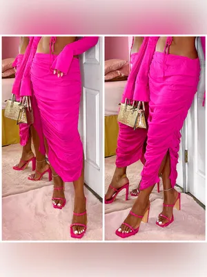 PrettyLittleThing Fuchsia Hot Pink Ruched Bodycon Midi Skirt Size 12 Large thumbnail 3