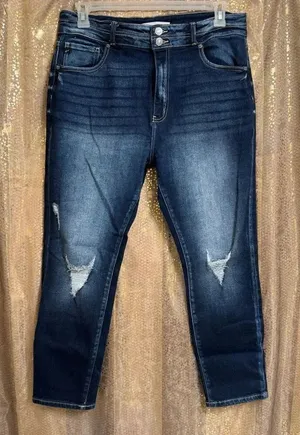 KanCan Dark Wash Distressed Faded High Rise Stretchy Cropped Jeans 14/32 thumbnail 1