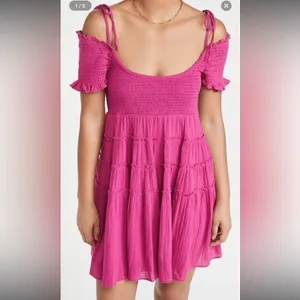 FREE PEOPLE HAPPY WITH YOU SMOCKED TIERED MINI DRESS IN pink plum xs thumbnail 2