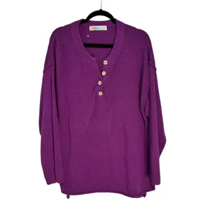 FP Beach Free People Purple Cotton‎ Waffle Knit Henley Sweater Medium 6012 thumbnail 2