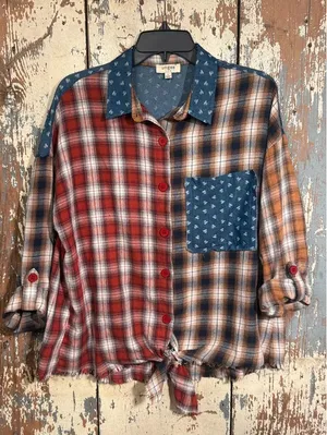 Entro Fall Plaid Mix Print Button Down oversized Shirt, Womens size small thumbnail 1
