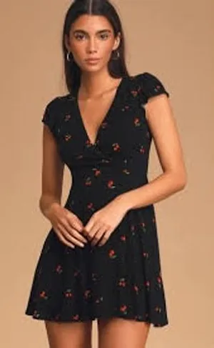 Lulus Mini Dress Women Medium Black Cherry Print Cherish‎ You Surplice Flutter thumbnail 1