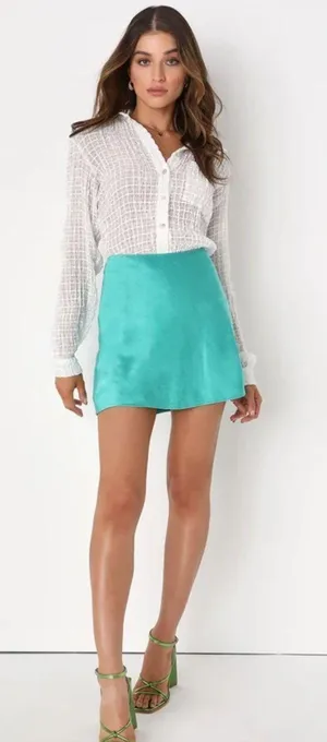 Lulus Flirty Days Teal Blue Satin Mini Skirt thumbnail 6