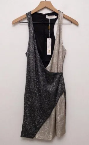 MESHKI NEW Two-Tone Glitter Wrap Dress Black Shimmer Size Medium thumbnail 7