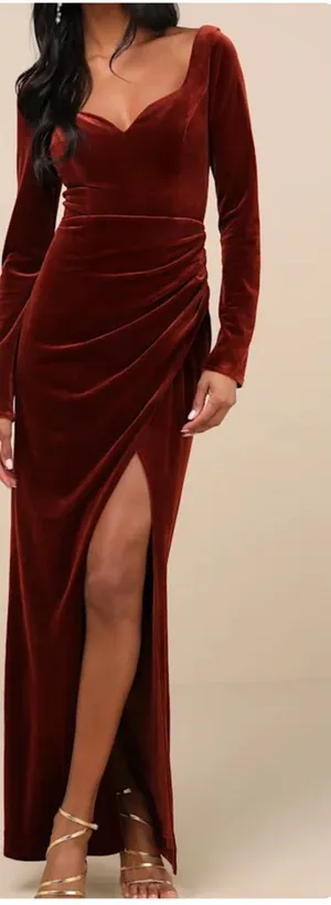 Lulus Forever Sensational Rust Brown Velvet Long Sleeve Maxi Dress thumbnail 1