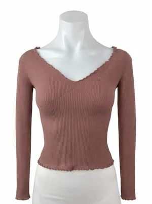 Free People FP Movement Nude Pink Lettuce Rib Knit Long Sleeve Crop Top Sz XS/S thumbnail 1