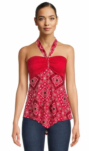 No Boundaries Red Halter or Strapless Bandana Print Tank Top size large lace thumbnail 1