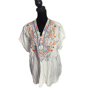 Johnny Was White Embroidered BOHO Oversized Tunic Top Size XS Peasant Festival thumbnail 3