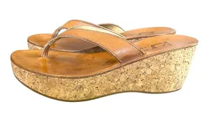 K. Jacques St. Tropez Cork Wedge Thong Sandals Brown Gold Leather EU 38 thumbnail 1