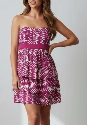 Banana Republic Strapless Fuchsia Patterned Tiered Dress size 4 thumbnail 1