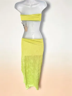 Super down- Karolyna Maxi Skirt Set Neon Lime Two-Piece Strapless Set Size XS thumbnail 5