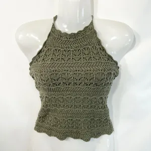 Abercrombie & Fitch XS Halter‎ Top Y2K VTG Crochet Olive Green Cotton Boho 1421 thumbnail 2