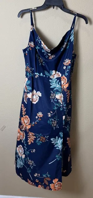 Drape Neck Floral Tank Dress with Side Slit Size Small Navy thumbnail 1