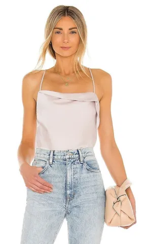 ASTR The Label The Drape Pink Silk Satin Spaghetti Strap Sleeveless Bodysuit Top thumbnail 1