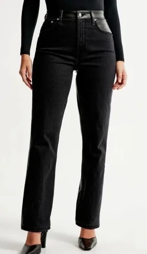 Abercrombie & Fitch Mixed Media Jeans Women 33/16S Black Faux Leather Edgy thumbnail 1