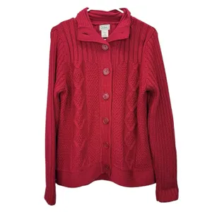 LL Bean Red Cable Knit Wool Blend Collar Button Up Cardigan Sweater MEDIUM thumbnail 2
