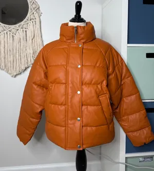 NA-KD Cognac Brown Orange Faux Leather PU Padded Jacket Bomber Puffer Coat 36/S thumbnail 1