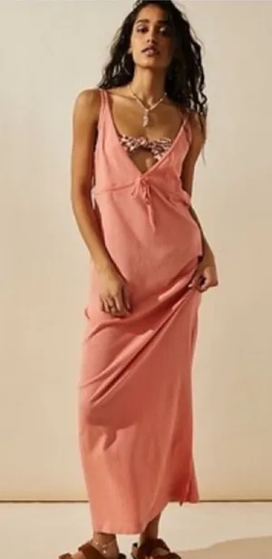 Free people essential tank tie front maxi dress in strawberry colada orange thumbnail 1