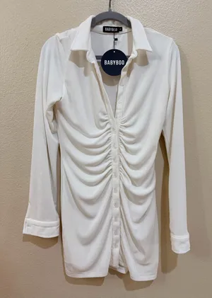 NWT Babyboo Fashion Kyesha Mini Dress White Ivory Ruched Button Front Size M NEW thumbnail 1