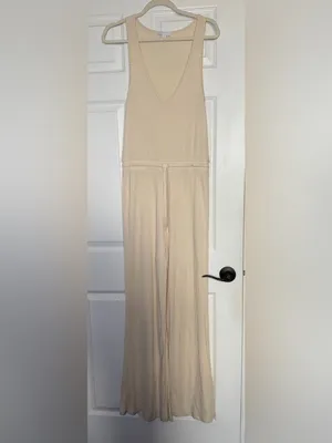 Beyond Yoga Ribbed V-Neck Wide-Leg Jumpsuit in Pale Yellow Cream Small thumbnail 2