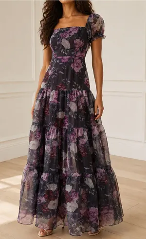 NWT Lulus Delightful Expression Maxi Dress Sz Medium Black Purple Floral Organza thumbnail 1