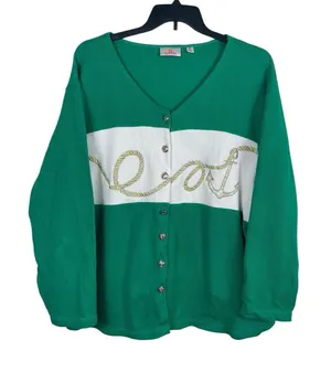 Quacker Factory Womens 3X Green Nautical Anchor Rope Button Cardigan Sweater thumbnail 1
