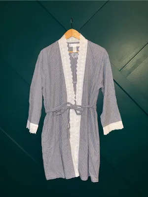 Eileen West Blue Gingham Cotton Robe White Lace Trim Tie Waist Cover Up thumbnail 2