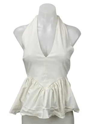 Zara White Halter V Neck Backless Sleeveless Open Back Peplum Blouse Top Size M thumbnail 1