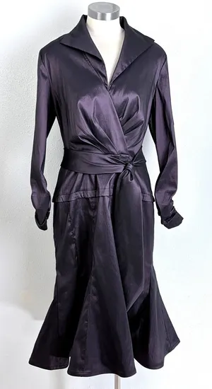 Tadashi Collection 14 Dark Purple Satin Wrap Midi Dress Ruched Cuffs thumbnail 1