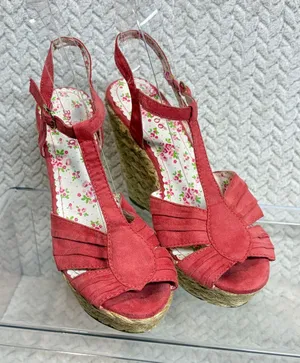 Bamboo Coral Red Espadrille Wedge Sandals 6 Floral T-Strap Cottagecore Y2K thumbnail 1