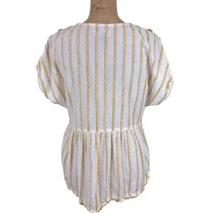 Pilcro and the Letterpress by Anthropologie White Yellow Embroidered Babydoll Top Bohemian Medium thumbnail 3