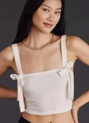 Anthropologie Ribbed Bow Knit Tank Top White Cropped Sz XS NEW Boho Beach Staple thumbnail 1
