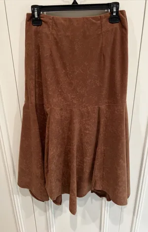 Y2K Brown Faux Suede Look Midi Skirt Asymmetric Western Peasant Read Description thumbnail 1