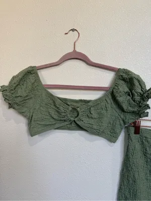 SheIn Sage Green Textured Two Piece Beach Set Wrap Skirt Puff Sleeve Top thumbnail 3