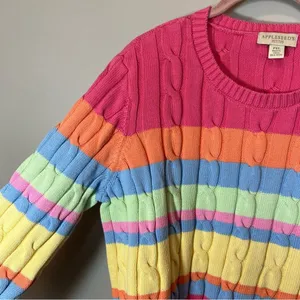 Appleseeds Women’s Striped‎ Pastel Rainbow Sweater Cable Knit Chunky PXL thumbnail 5