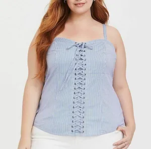 Striped Blue and White Poplin Lace Up Corset Tank Top Size 1X thumbnail 1