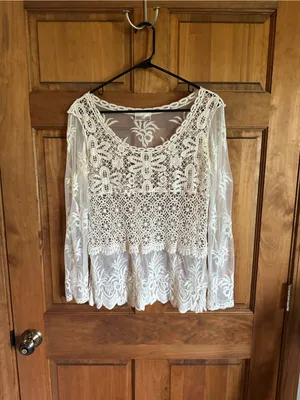 Anthropologie cream Boho Crochet Lace Long-Sleeve overlay western Top Size L thumbnail 3